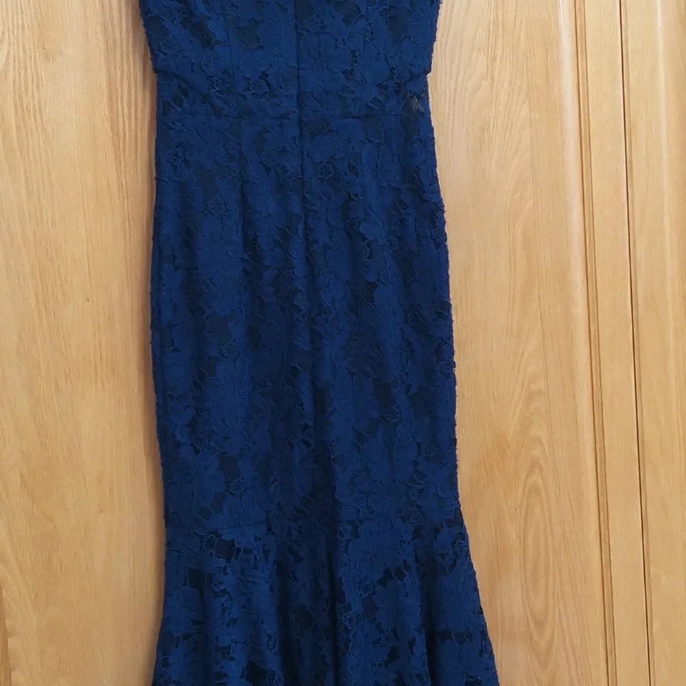 Xscape Womens Navy Lace Off-The-Shoulder Hi-Low Midi Dress Petites 2P Pre-owne - Picture 10 of 16